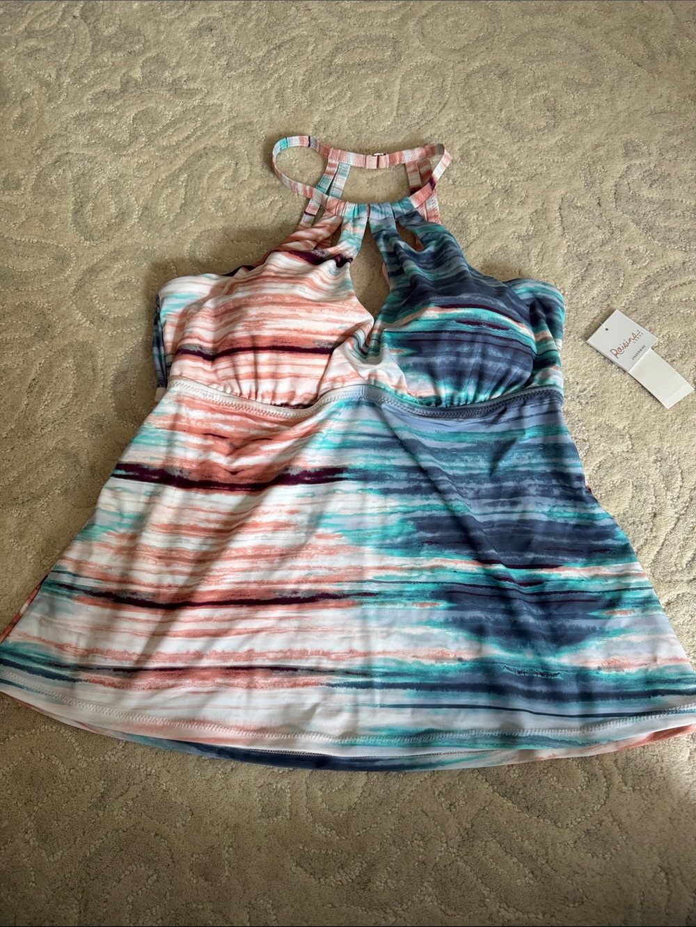 Raisins Watercolor Stripe Halter Swim Tankini in Coral, Teal & Navy